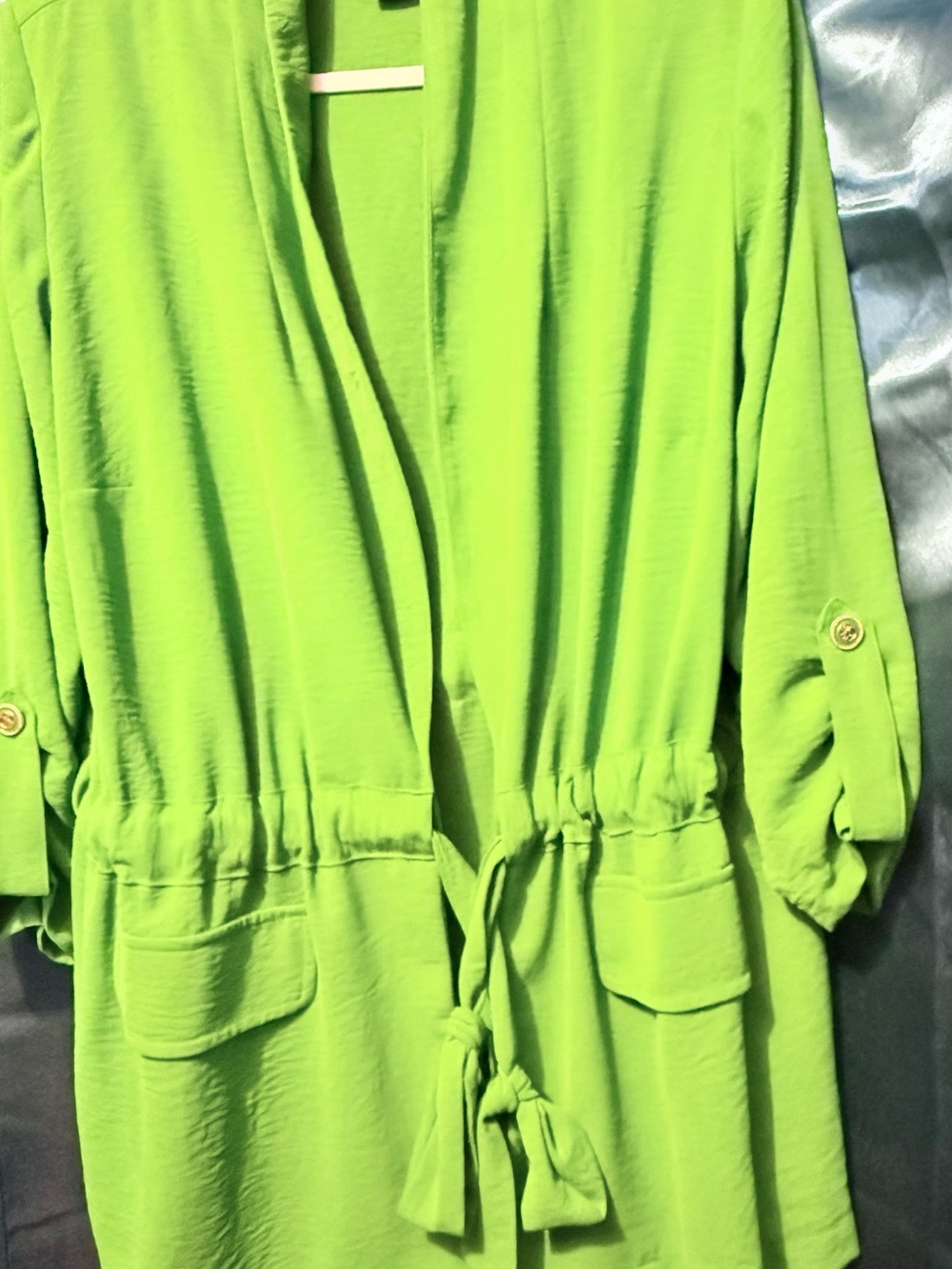 Bright green comfy jacket.